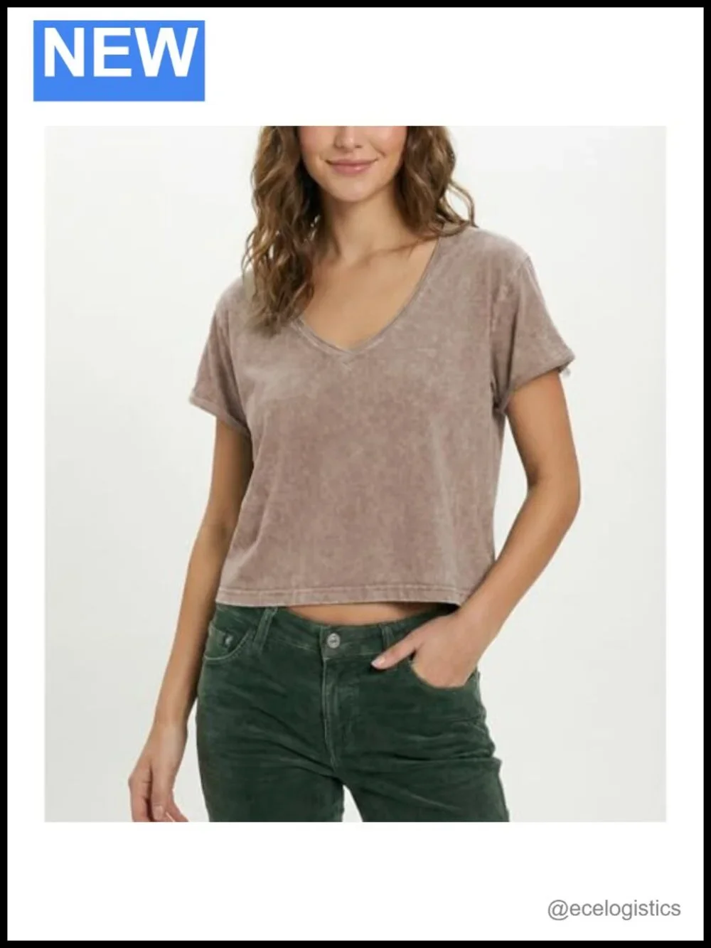 Cropped Acid Wash V Neck Short Sleeve Baggy Grunge Tee - Picture 4 of 6
